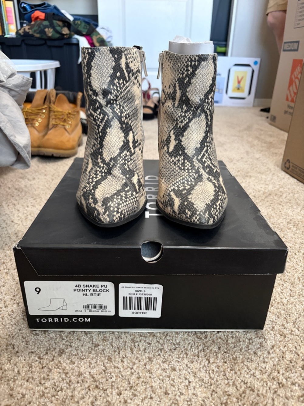 torrid Black and Cream Snake Print Pointed Toe Block Heel Ankle Boots